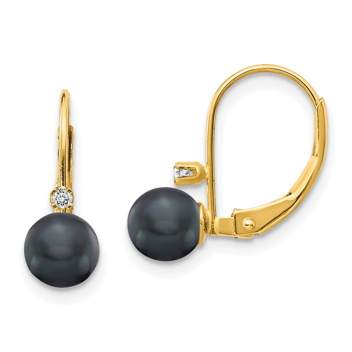 14k 5-6mm Black FW Cultured Pearl AA Diamond Leverback Earrings-XLB50BP/AA