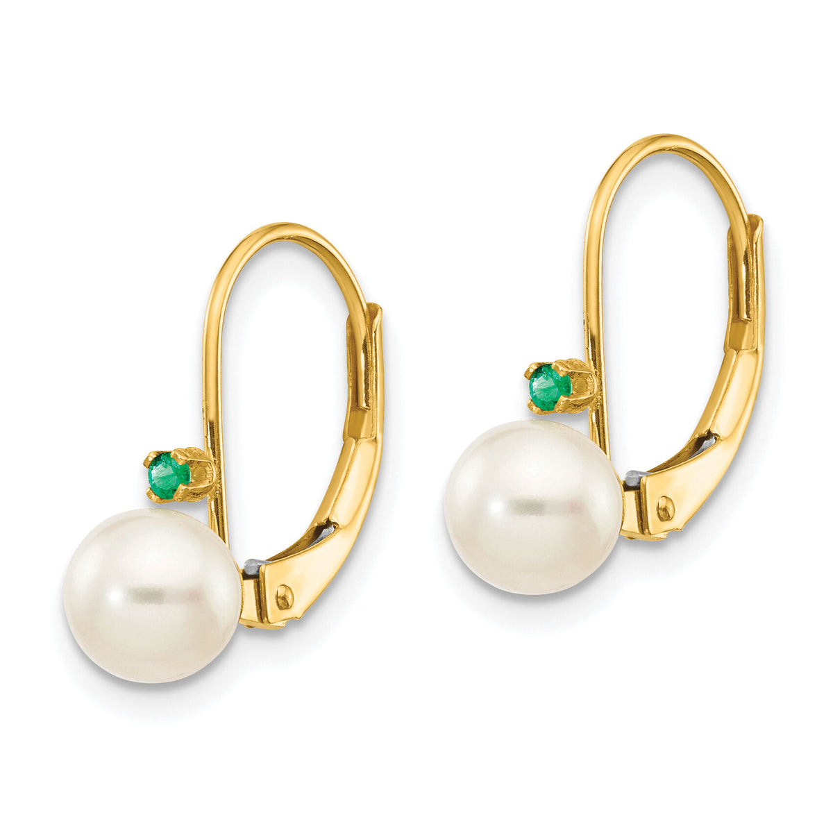 14k 5-5.5mm White Round FW Cultured Pearl Emerald Leverback Earrings-XLB50E/PL