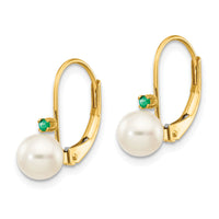 14k 5-5.5mm White Round FW Cultured Pearl Emerald Leverback Earrings-XLB50E/PL