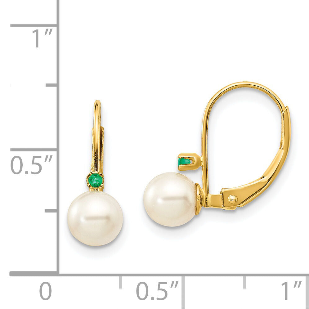 14k 5-5.5mm White Round FW Cultured Pearl Emerald Leverback Earrings-XLB50E/PL