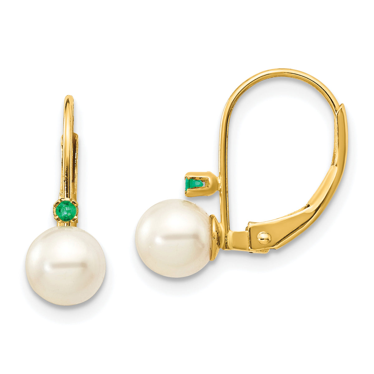 14k 5-5.5mm White Round FW Cultured Pearl Emerald Leverback Earrings-XLB50E/PL