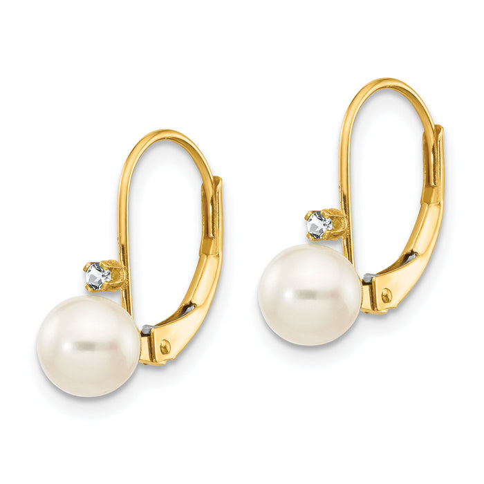 14k 5-6mm White Round FW Cultured Pearl AA Diamond Leverback Earrings-XLB50PL/AA