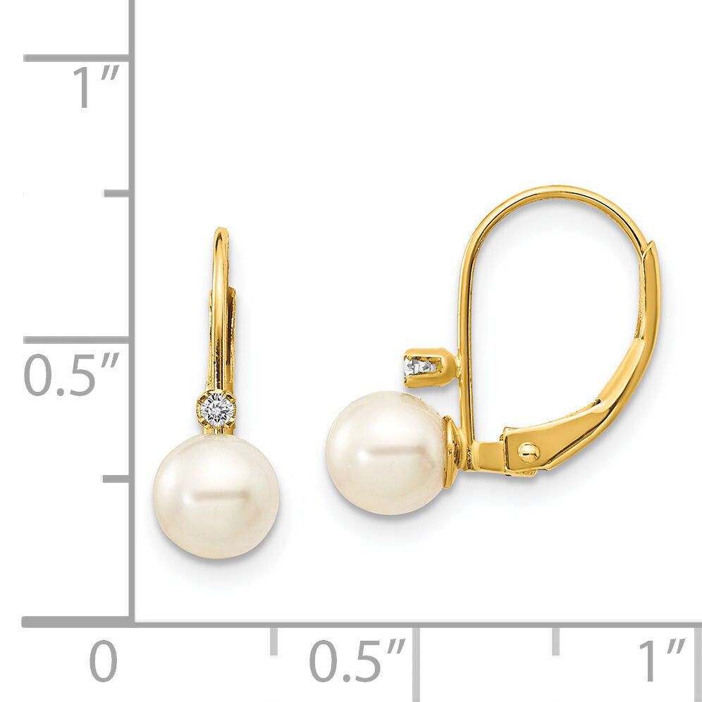 14k 5-6mm White Round FW Cultured Pearl AA Diamond Leverback Earrings-XLB50PL/AA