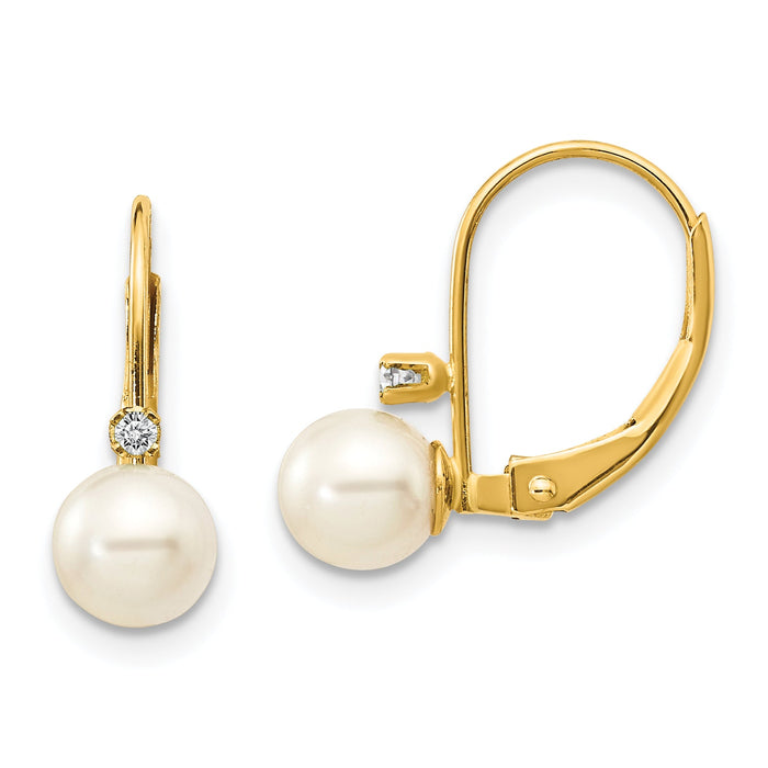14k 5-6mm White Round FW Cultured Pearl AA Diamond Leverback Earrings-XLB50PL/AA