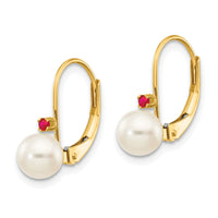 14k 5-5.5mm White Round FW Cultured Pearl Ruby Leverback Earrings-XLB50R/PL
