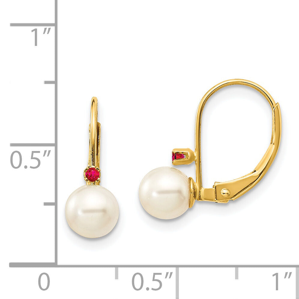 14k 5-5.5mm White Round FW Cultured Pearl Ruby Leverback Earrings-XLB50R/PL