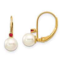 14k 5-5.5mm White Round FW Cultured Pearl Ruby Leverback Earrings-XLB50R/PL