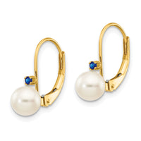 14k 5-5.5mm White Round FW Cultured Pearl Sapphire Leverback Earrings-XLB50S/PL