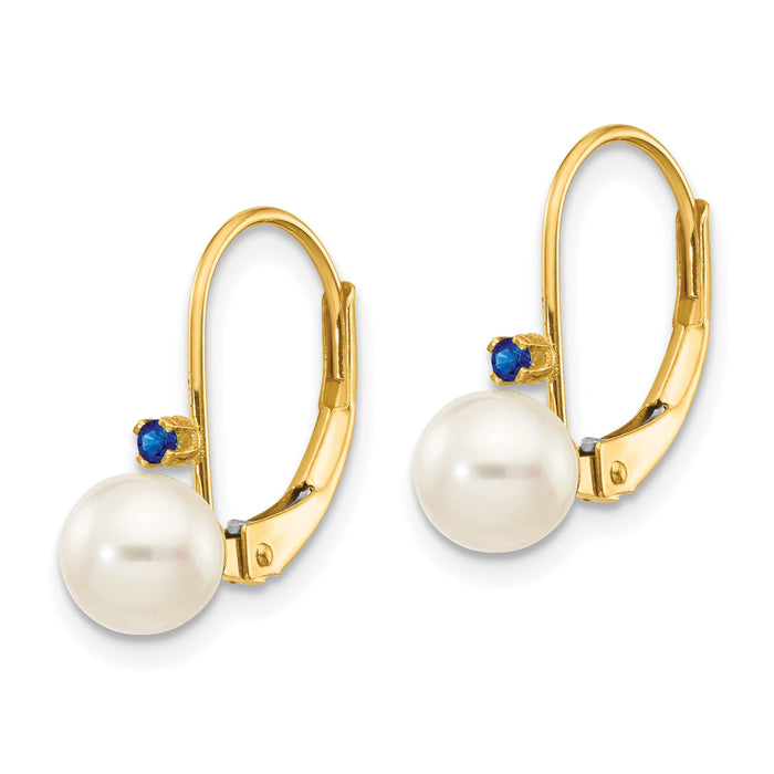 14k 5-5.5mm White Round FW Cultured Pearl Sapphire Leverback Earrings-XLB50S/PL