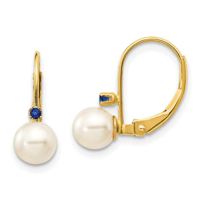 14k 5-5.5mm White Round FW Cultured Pearl Sapphire Leverback Earrings-XLB50S/PL