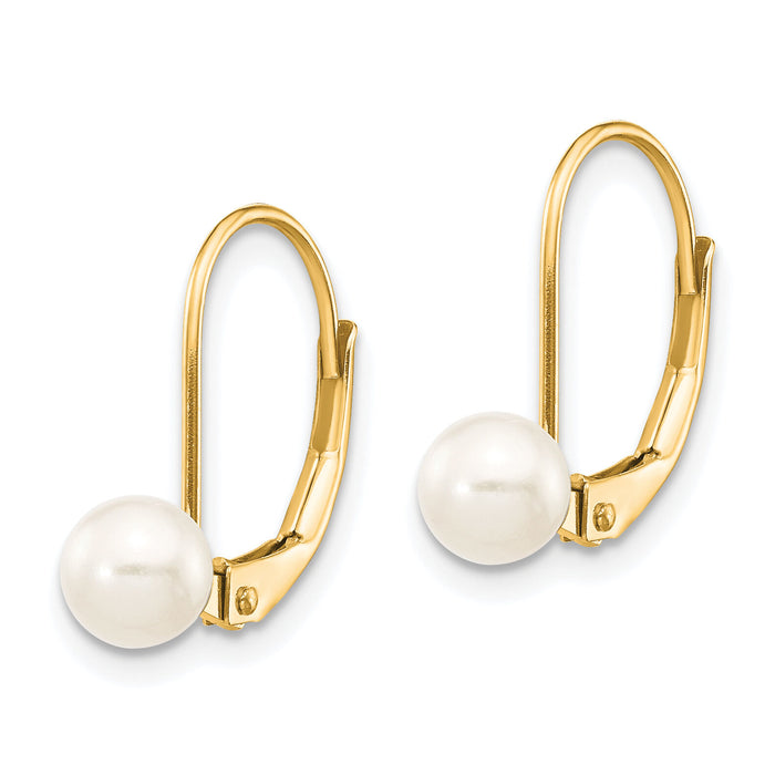 14k 5-6mm White Round Freshwater Cultured Pearl Leverback Earrings-XLB55PL
