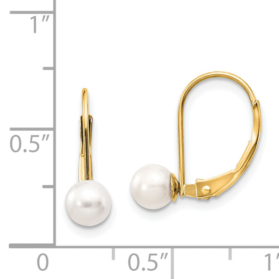 14k 5-6mm White Round Freshwater Cultured Pearl Leverback Earrings-XLB55PL