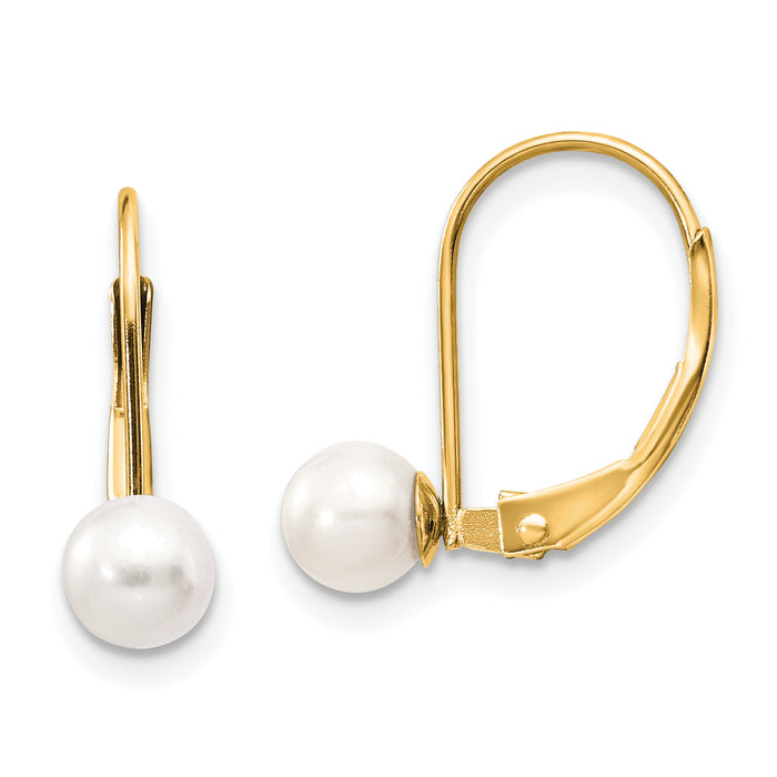 14k 5-6mm White Round Freshwater Cultured Pearl Leverback Earrings-XLB55PL
