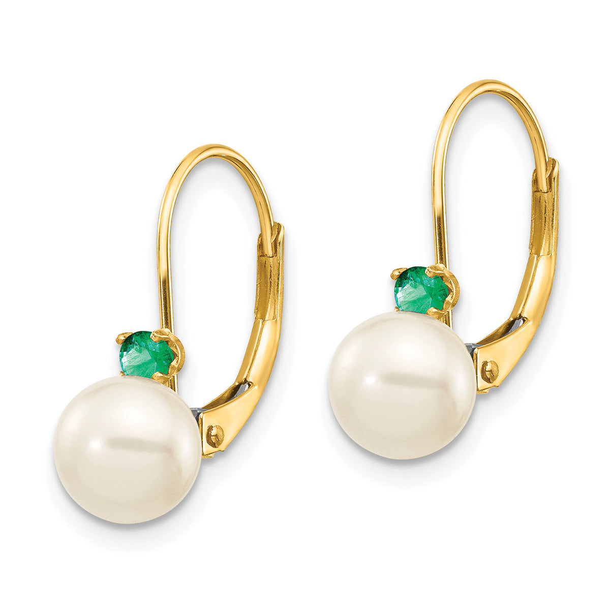 14k 6-6.5mm White Round FW Cultured Pearl Emerald Leverback Earrings-XLB60E/PL