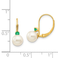 14k 6-6.5mm White Round FW Cultured Pearl Emerald Leverback Earrings-XLB60E/PL