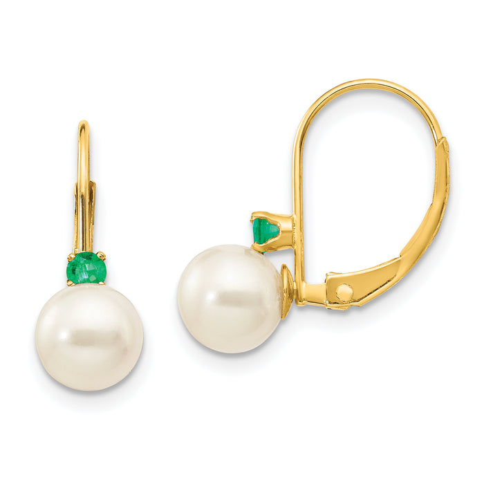 14k 6-6.5mm White Round FW Cultured Pearl Emerald Leverback Earrings-XLB60E/PL