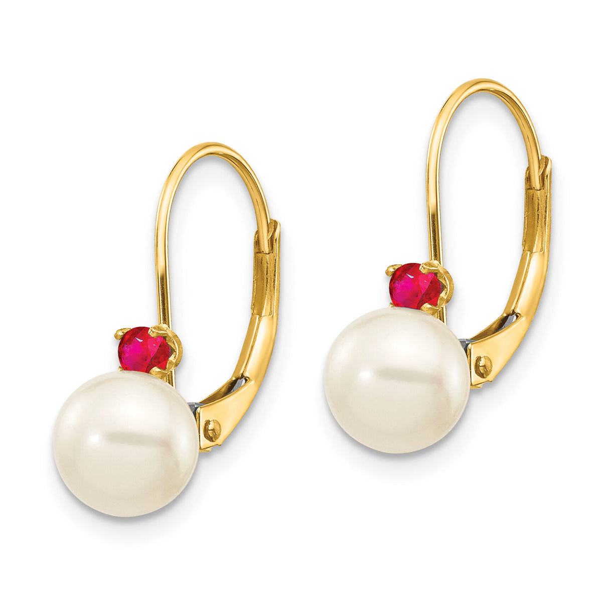 14k 6-6.5mm White Round FW Cultured Pearl Ruby Leverback Earrings-XLB60R/PL