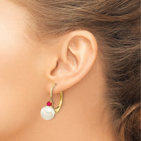 14k 6-6.5mm White Round FW Cultured Pearl Ruby Leverback Earrings-XLB60R/PL