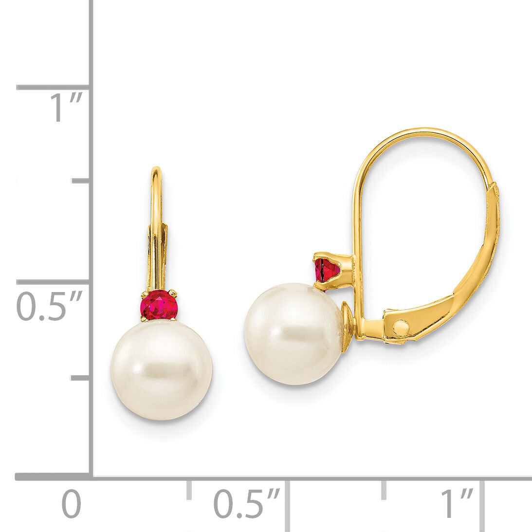 14k 6-6.5mm White Round FW Cultured Pearl Ruby Leverback Earrings-XLB60R/PL