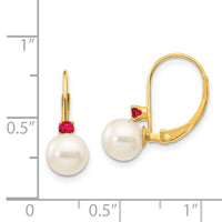 14k 6-6.5mm White Round FW Cultured Pearl Ruby Leverback Earrings-XLB60R/PL
