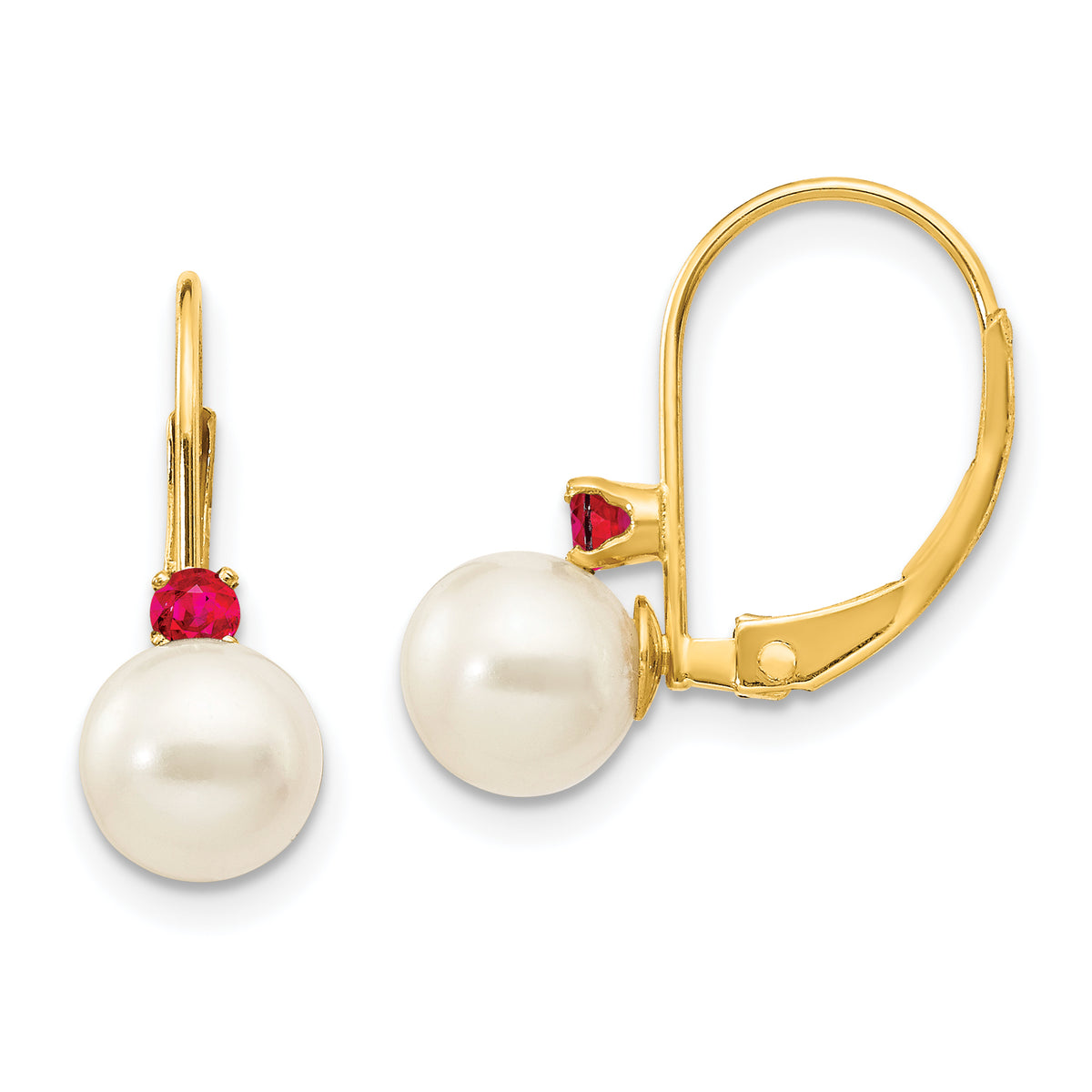 14k 6-6.5mm White Round FW Cultured Pearl Ruby Leverback Earrings-XLB60R/PL
