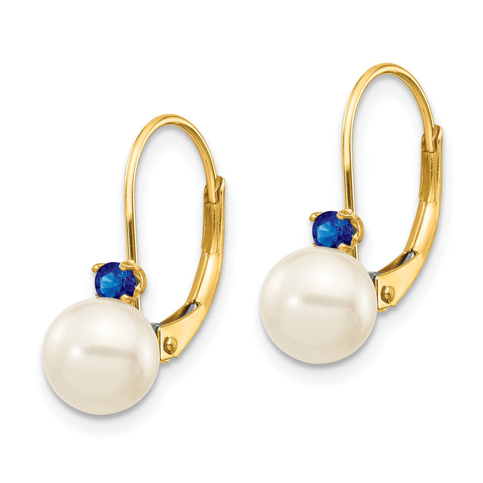 14k 6-6.5mm White Round FW Cultured Pearl Sapphire Leverback Earrings-XLB60S/PL