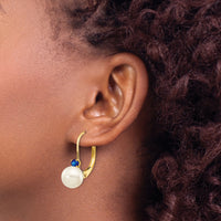 14k 6-6.5mm White Round FW Cultured Pearl Sapphire Leverback Earrings-XLB60S/PL