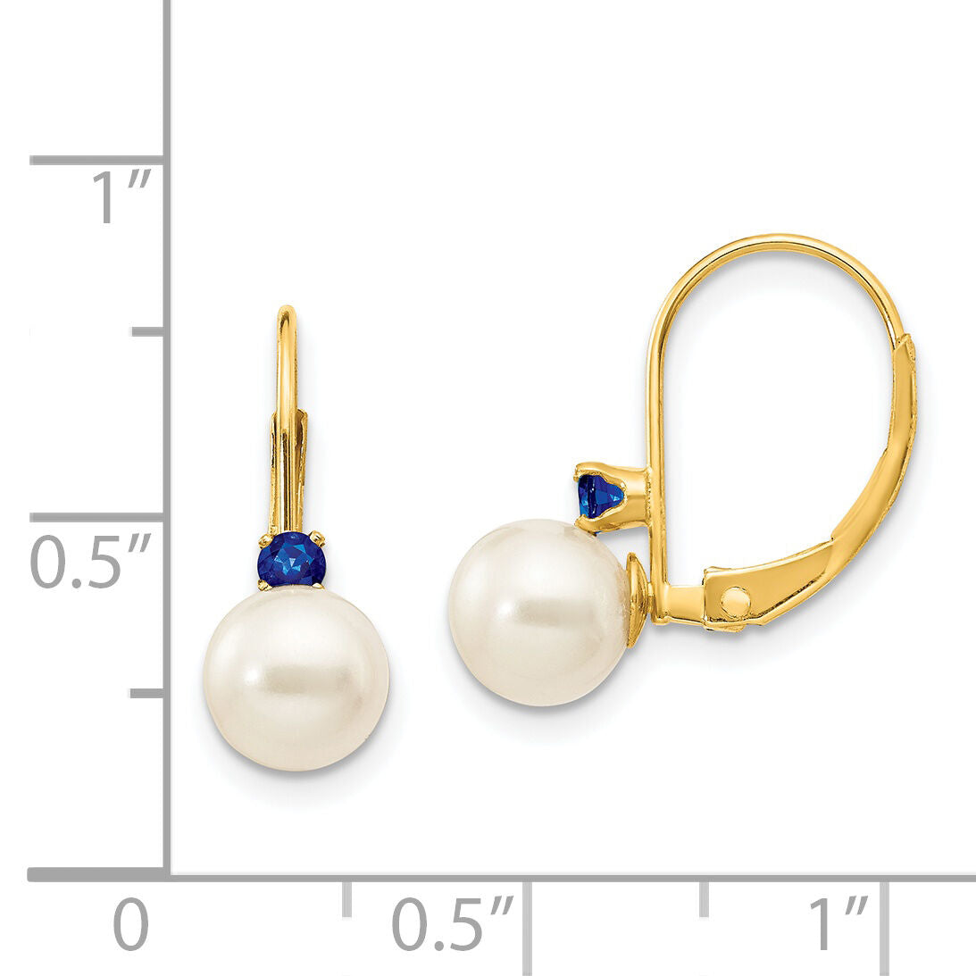 14k 6-6.5mm White Round FW Cultured Pearl Sapphire Leverback Earrings-XLB60S/PL