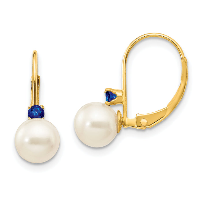 14k 6-6.5mm White Round FW Cultured Pearl Sapphire Leverback Earrings-XLB60S/PL
