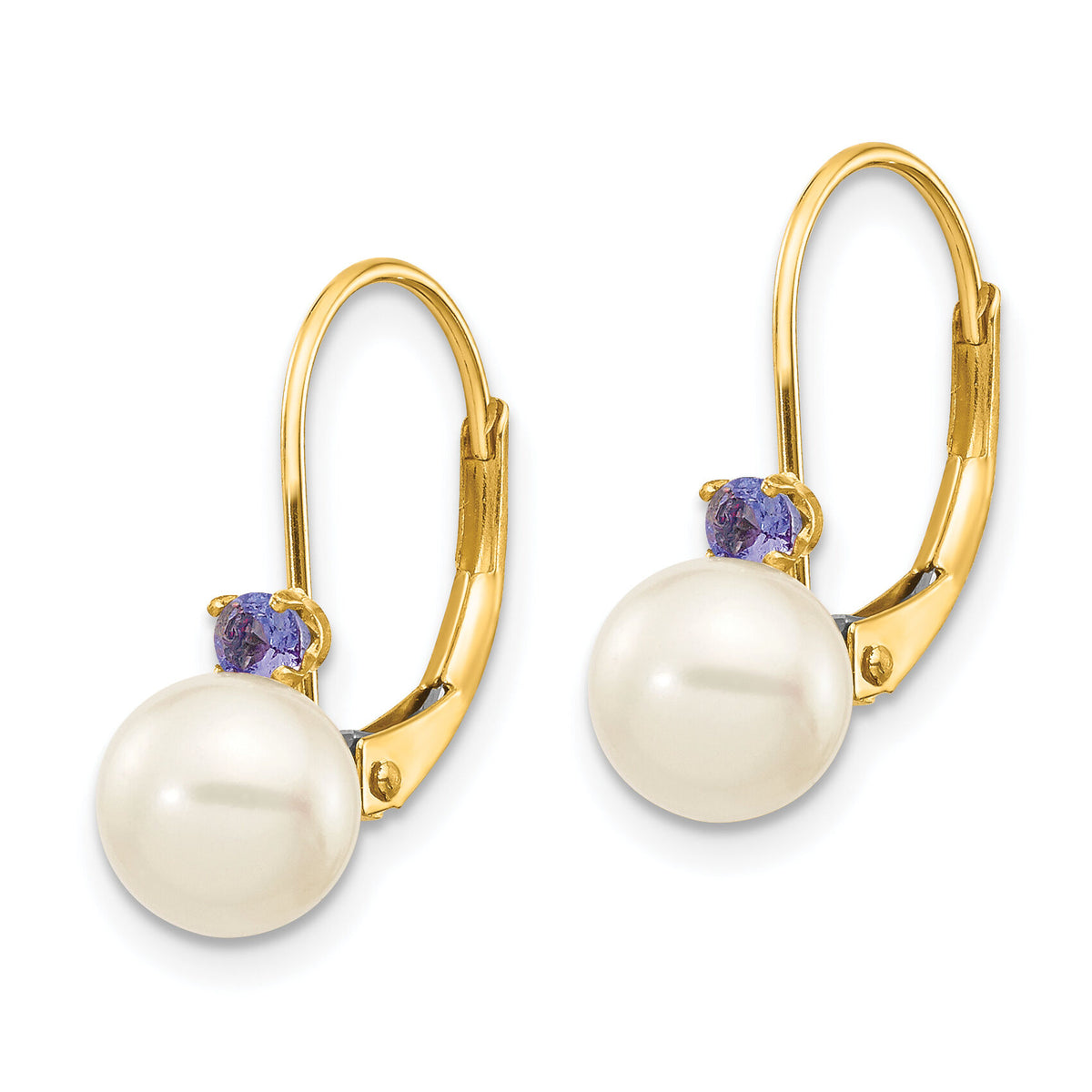 14k 6-6.5mm White Round FW Cultured Pearl Tanzanite Leverback Earrings-XLB60T/PL