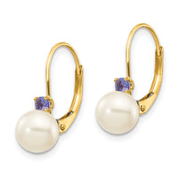 14k 6-6.5mm White Round FW Cultured Pearl Tanzanite Leverback Earrings-XLB60T/PL