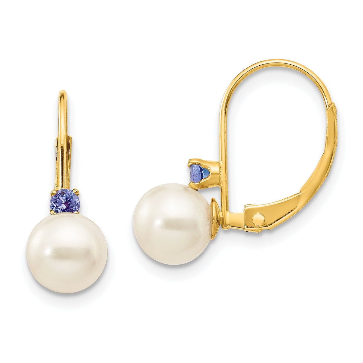 14k 6-6.5mm White Round FW Cultured Pearl Tanzanite Leverback Earrings-XLB60T/PL