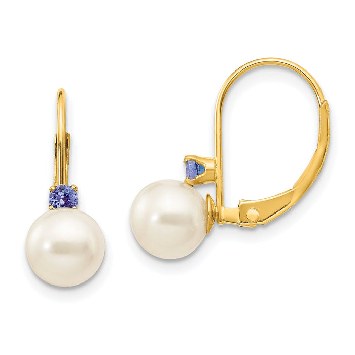 14k 6-6.5mm White Round FW Cultured Pearl Tanzanite Leverback Earrings-XLB60T/PL