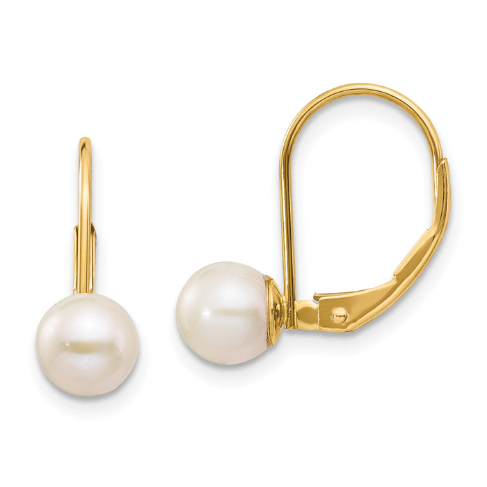 14k 6-7mm White Round Freshwater Cultured Pearl Leverback Earrings-XLB65PL