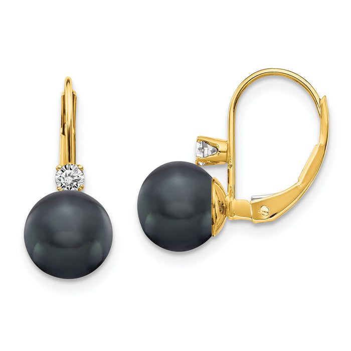14k 7-8mm Black FW Cultured Pearl AA Diamond Leverback Earrings-XLB70BP/AA