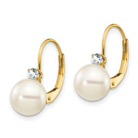 14k 7-8mm White Round FW Cultured Pearl AA Diamond Leverback Earrings-XLB70PL/AA