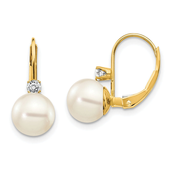 14k 7-8mm White Round FW Cultured Pearl AA Diamond Leverback Earrings-XLB70PL/AA