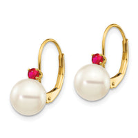 14k 7-7.5mm White Round FW Cultured Pearl Ruby Leverback Earrings-XLB70R/PL