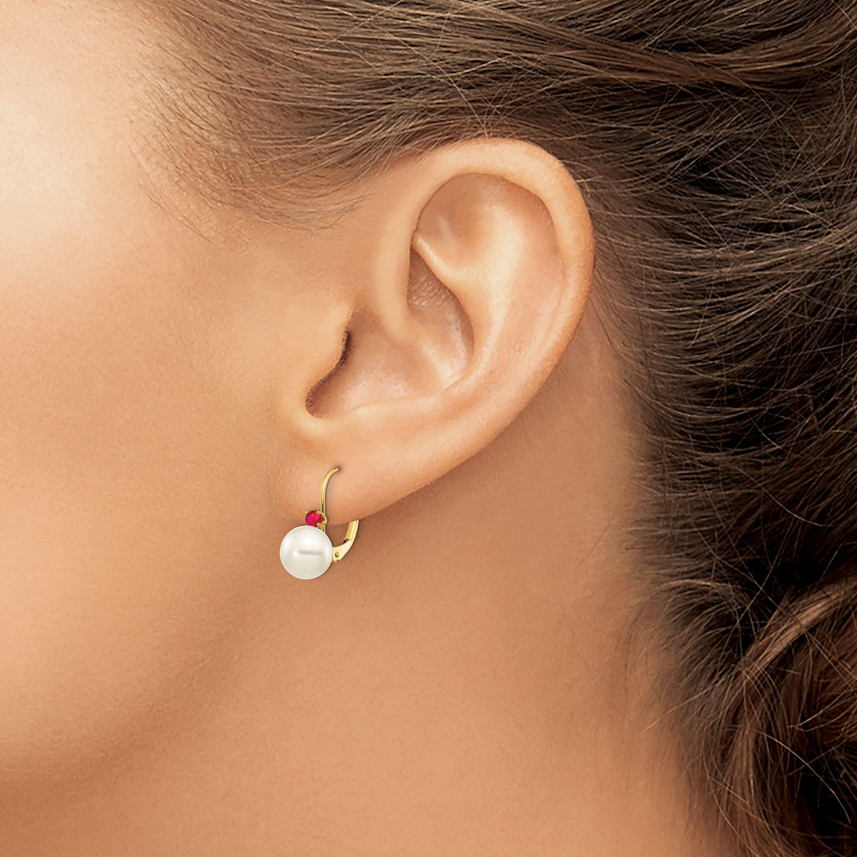 14k 7-7.5mm White Round FW Cultured Pearl Ruby Leverback Earrings-XLB70R/PL