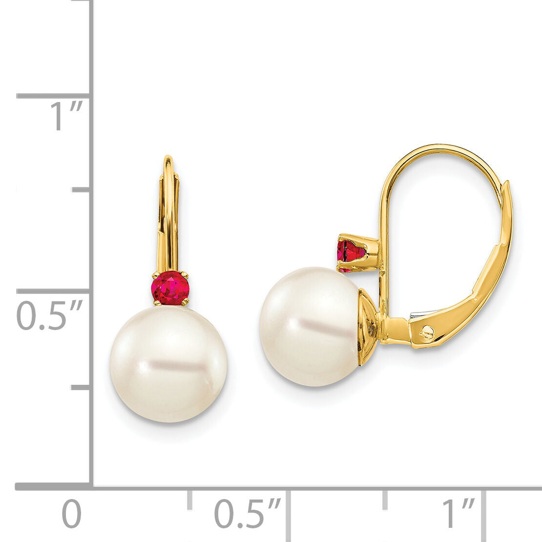 14k 7-7.5mm White Round FW Cultured Pearl Ruby Leverback Earrings-XLB70R/PL