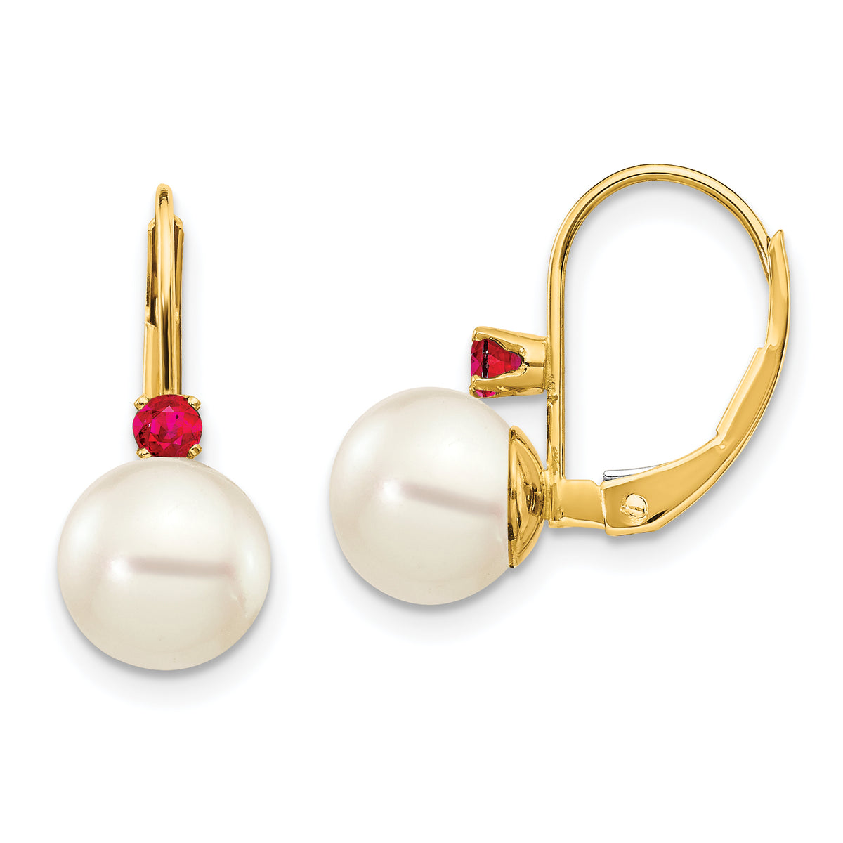14k 7-7.5mm White Round FW Cultured Pearl Ruby Leverback Earrings-XLB70R/PL