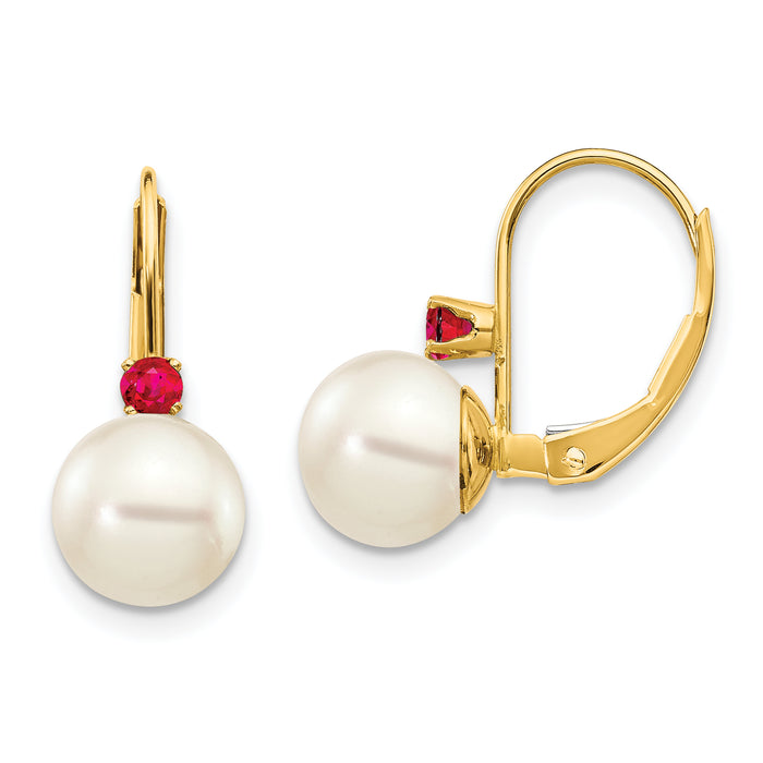 14k 7-7.5mm White Round FW Cultured Pearl Ruby Leverback Earrings-XLB70R/PL