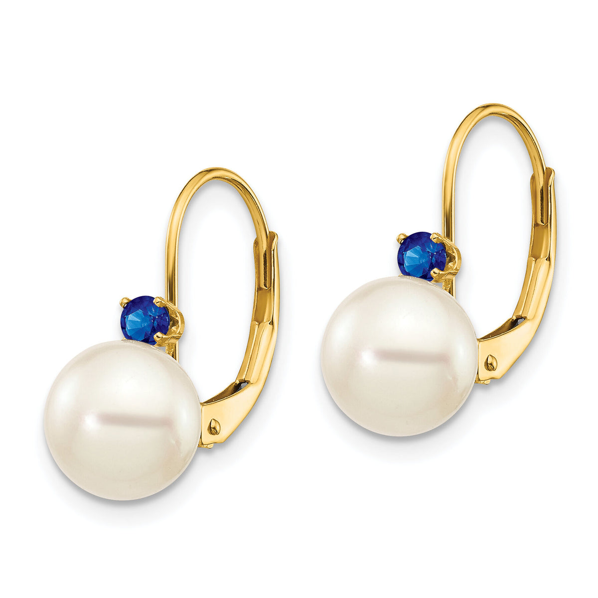 14k 7-7.5mm White Round FW Cultured Pearl Sapphire Leverback Earrings-XLB70S/PL