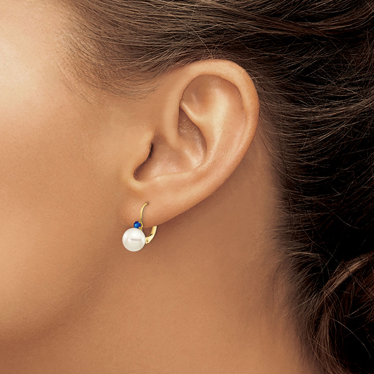 14k 7-7.5mm White Round FW Cultured Pearl Sapphire Leverback Earrings-XLB70S/PL