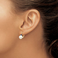 14k 7-7.5mm White Round FW Cultured Pearl Sapphire Leverback Earrings-XLB70S/PL