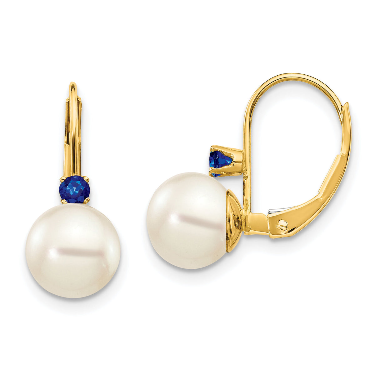 14k 7-7.5mm White Round FW Cultured Pearl Sapphire Leverback Earrings-XLB70S/PL