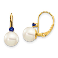 14k 7-7.5mm White Round FW Cultured Pearl Sapphire Leverback Earrings-XLB70S/PL