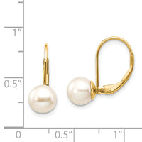14k 7-8mm White Round Freshwater Cultured Pearl Leverback Earrings-XLB75PL