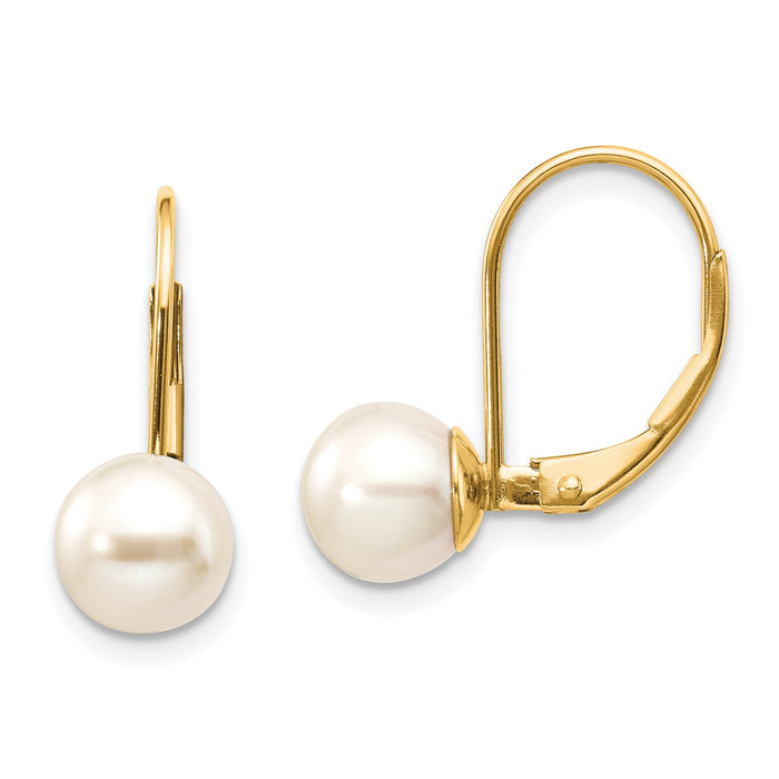 14k 7-8mm White Round Freshwater Cultured Pearl Leverback Earrings-XLB75PL