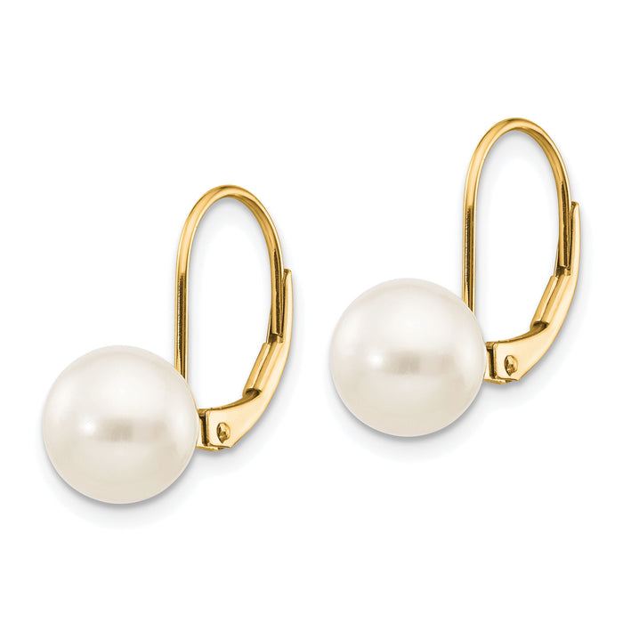 14k 8-9mm White Round Freshwater Cultured Pearl Leverback Earrings-XLB85PL